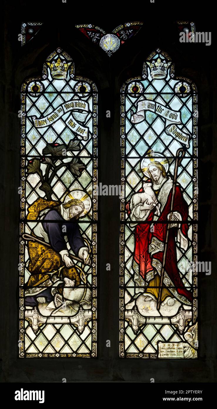 The Good Shepherd stained glass, St. Mary`s Church, Woodford, Northamptonshire, England, UK Stock Photo